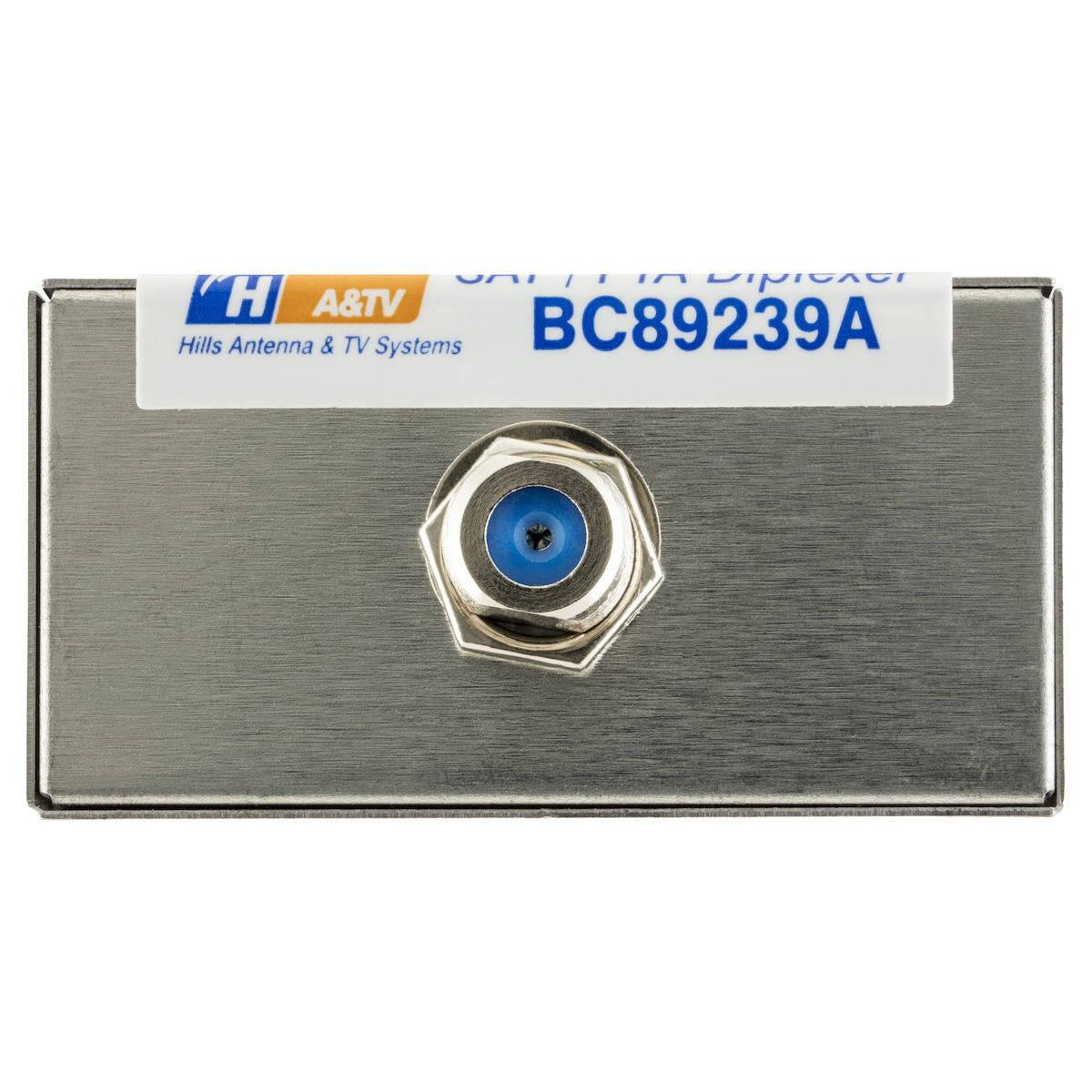 Close-up of BC89239A diplexer port showing F-Type SAT and TV inputs