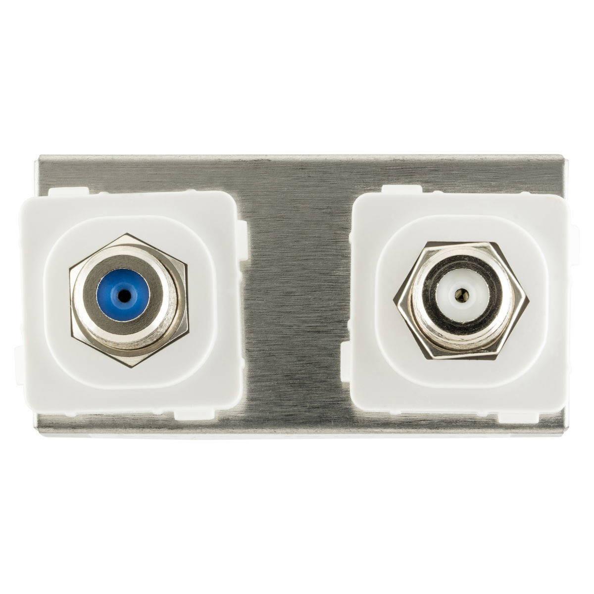 Close-up of BC89239A diplexer ports showing F-Type SAT and TV inputs