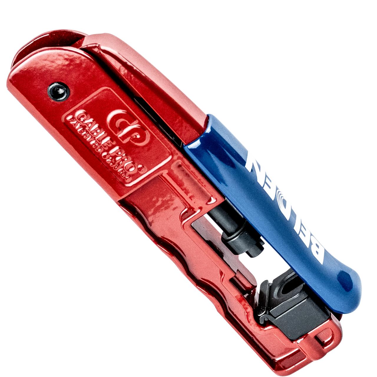 Close-up of Hills Antenna BC86864 compression Tool for compressing F-Type connector on RG11 coaxial cable