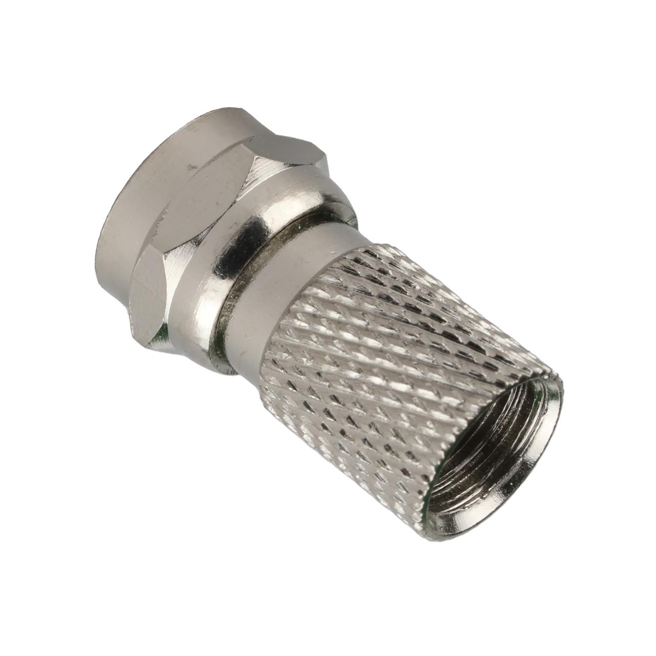 Close-up of Hills Antenna BC14302 male F-Type connector, highlighting tool-free design and quad shield cable compatibility