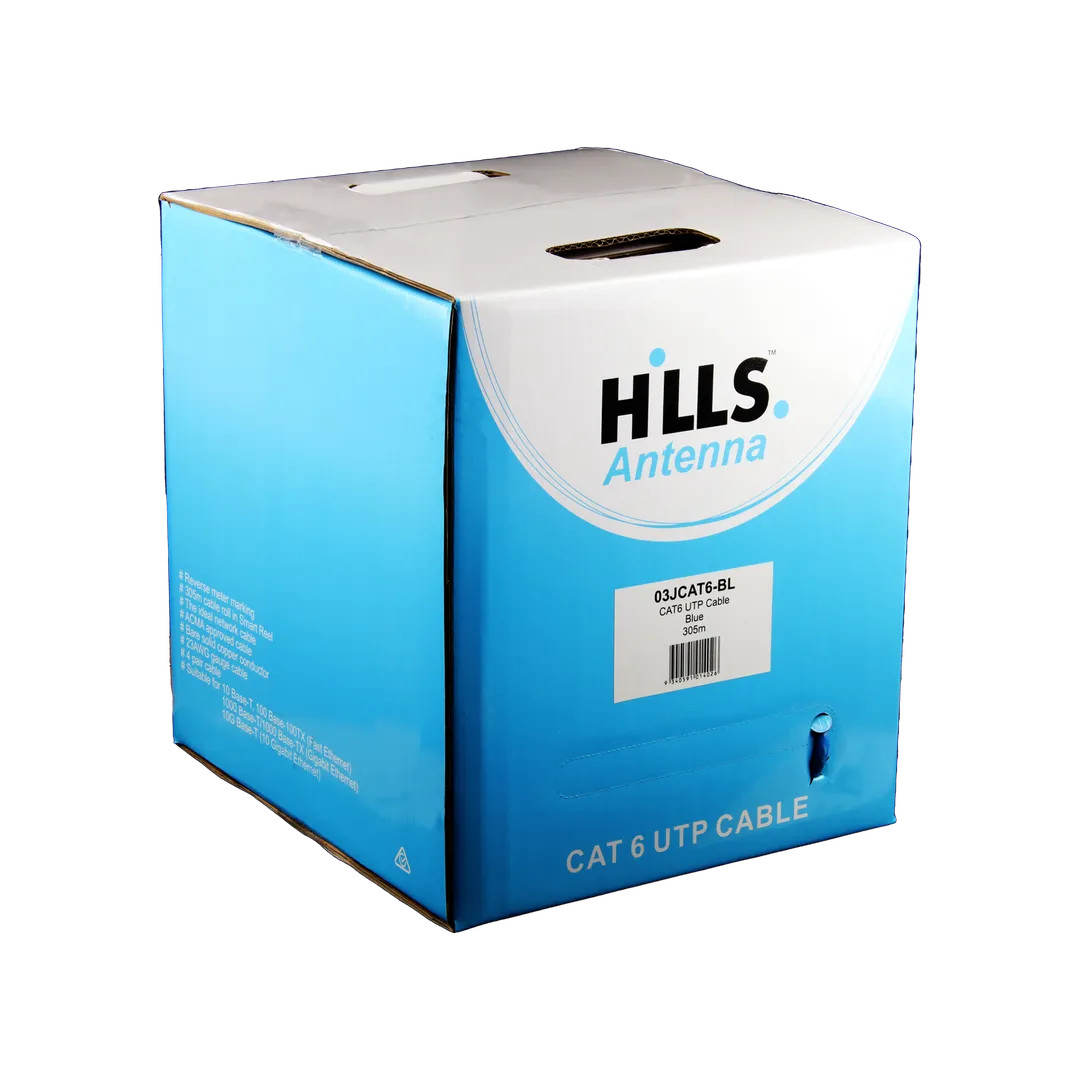 Hills Antenna CAT6 UTP LAN cable 305m box in blue, featuring easy-pull reel system and solid copper conductors for 10Gbps networking