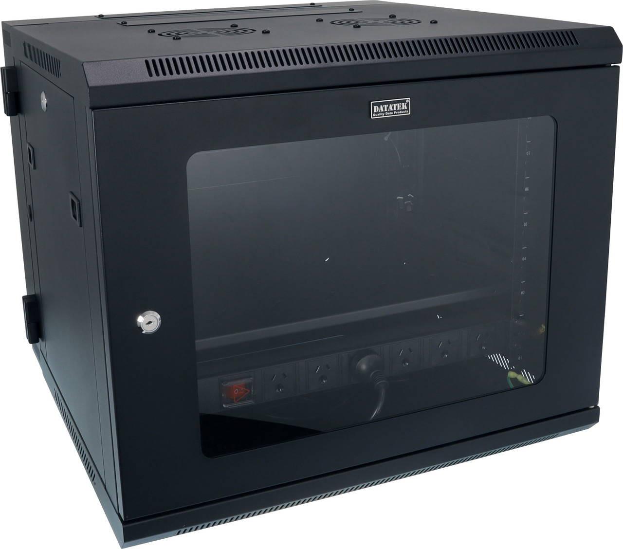 DataTek 9U swing cabinet ready to be mounted and swung out in office comms room