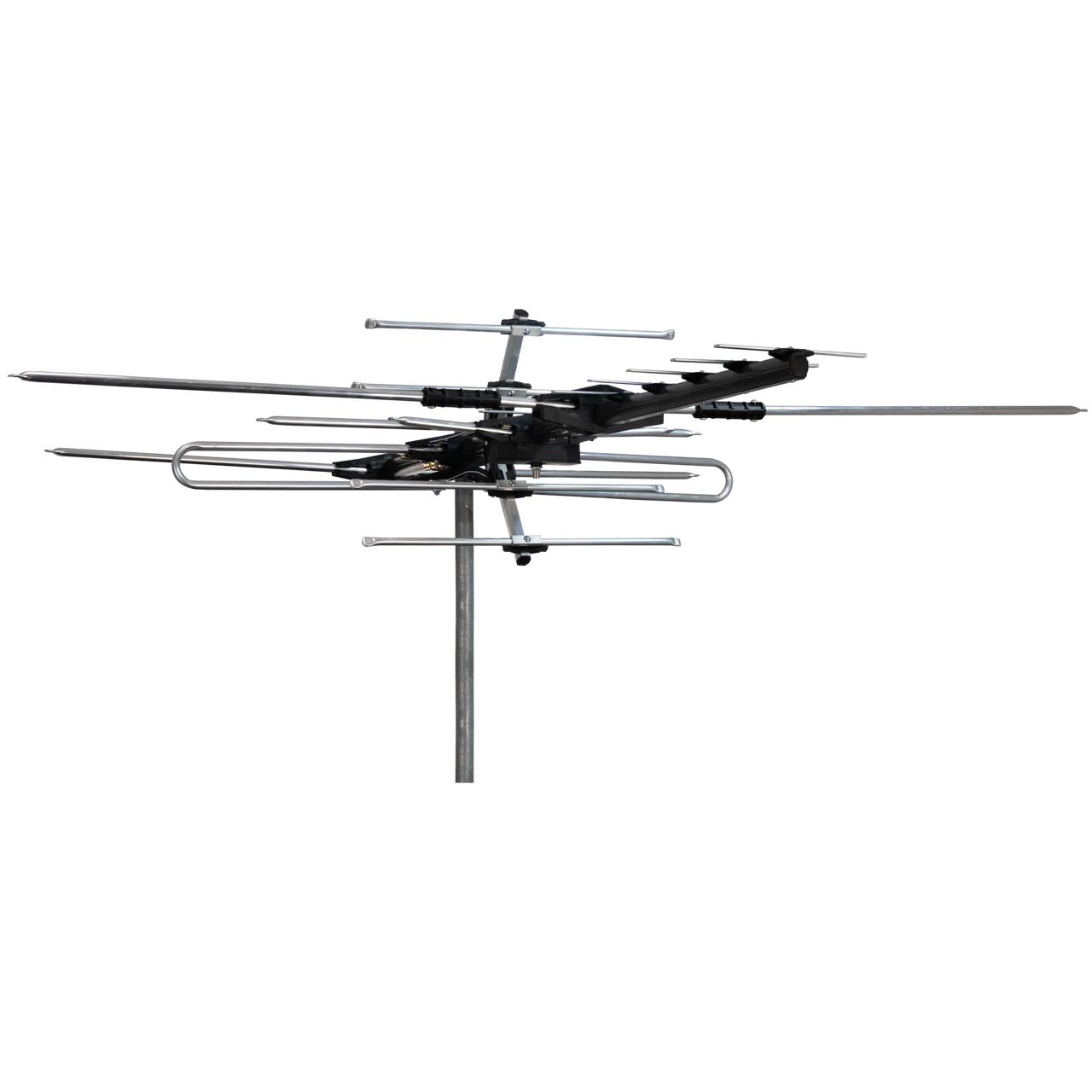 Assembled view of Digitek 14-element combination antenna in charcoal hammertone, displaying heavy-duty UV-stabilised structure and 1240 x 1318 x 340 mm proportions
