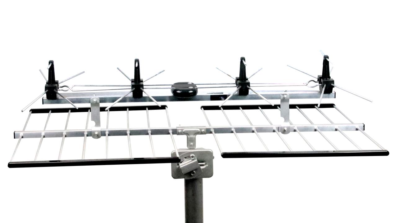 Side view of Installed Digitek 01CUPA2LPOLY UHF antenna on rooftop with tilt bracket and U-bolts, designed for Australian digital TV channels 28-51