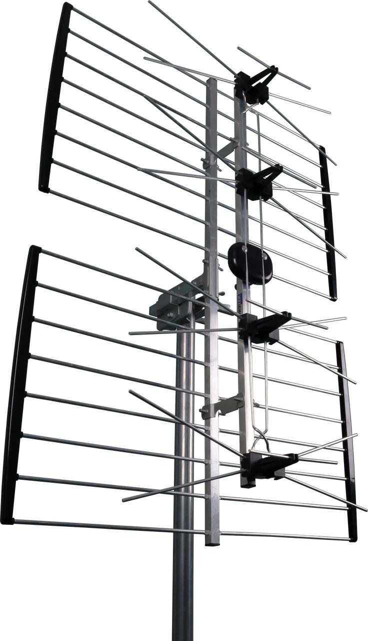 Front view of Digitek 01CUPA2LPOLY 36-element phased array UHF antenna, showcasing folding arms and F-Type balun for outer fringe reception