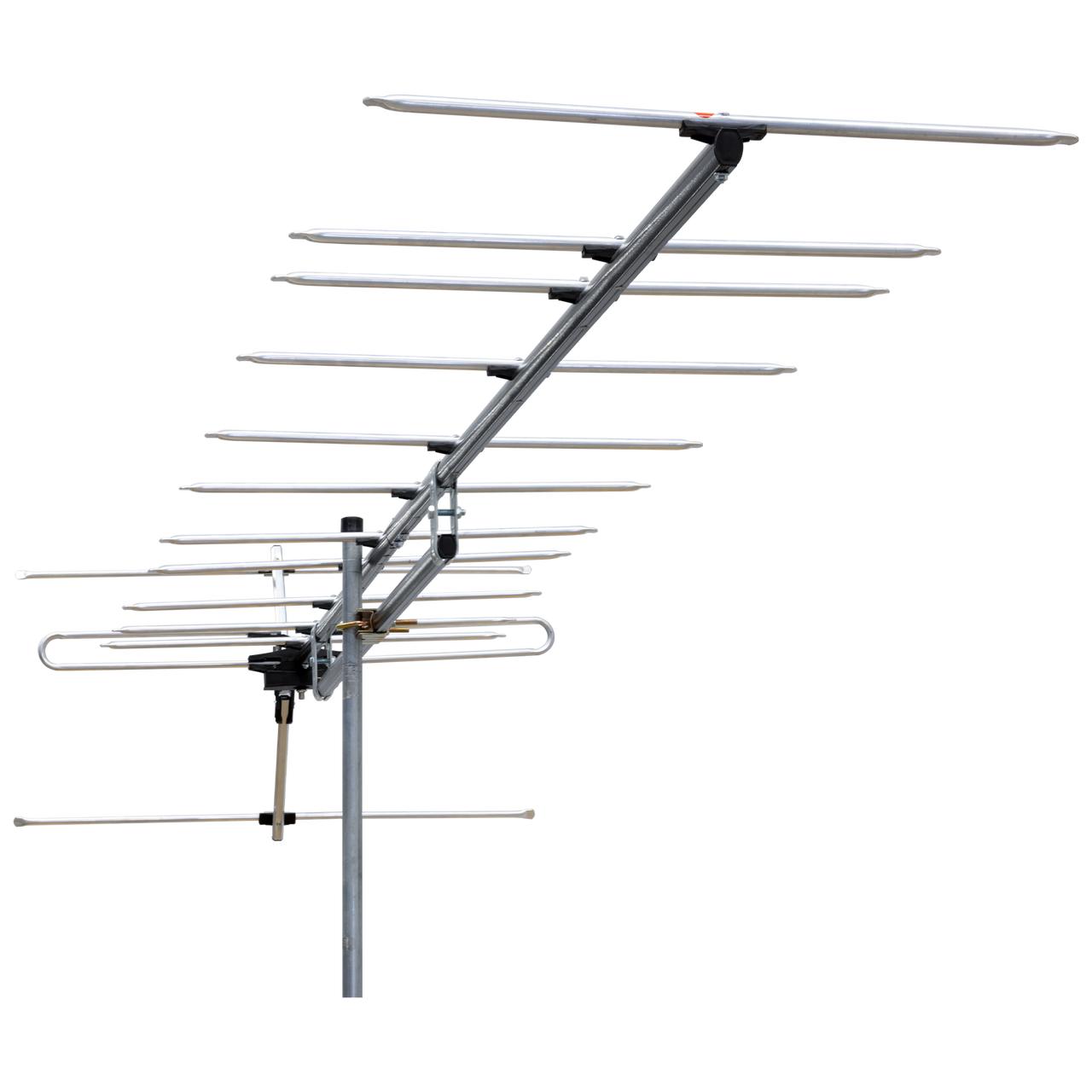 Detailed view of Digitek LTE Series 14-Element Yagi VHF antenna featuring snap-out reflectors and stainless steel screws for straightforward Australian fringe area setup