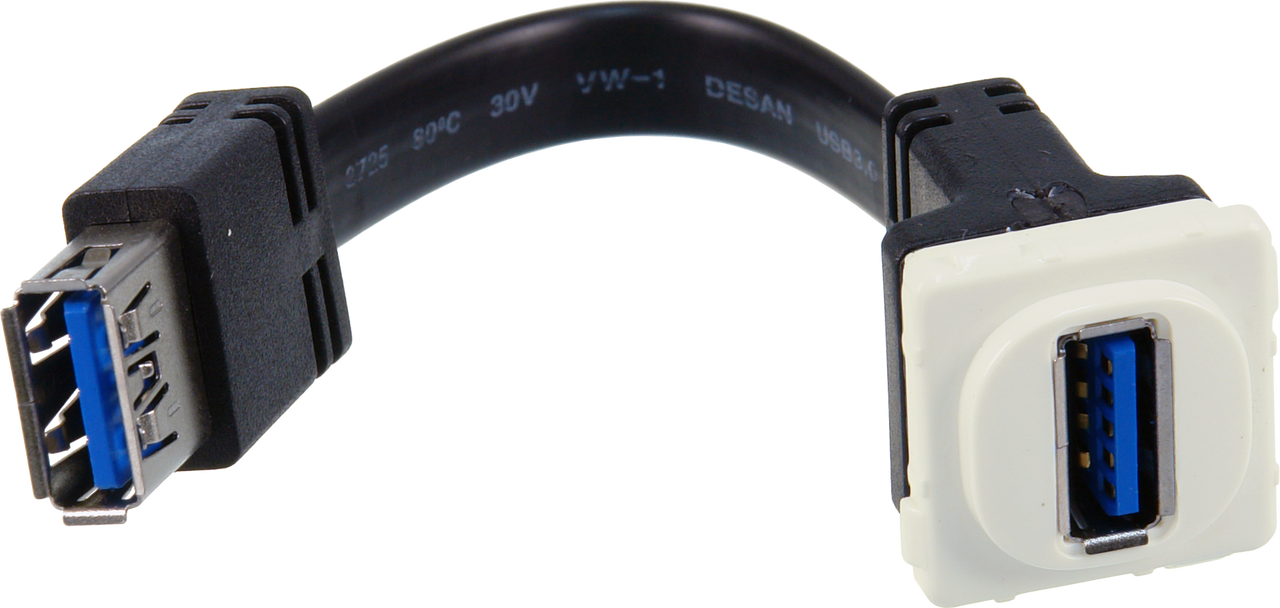 Closeup of white ABS plastic Digitek USB3.0 insert showing bendable tail for phone cable routing