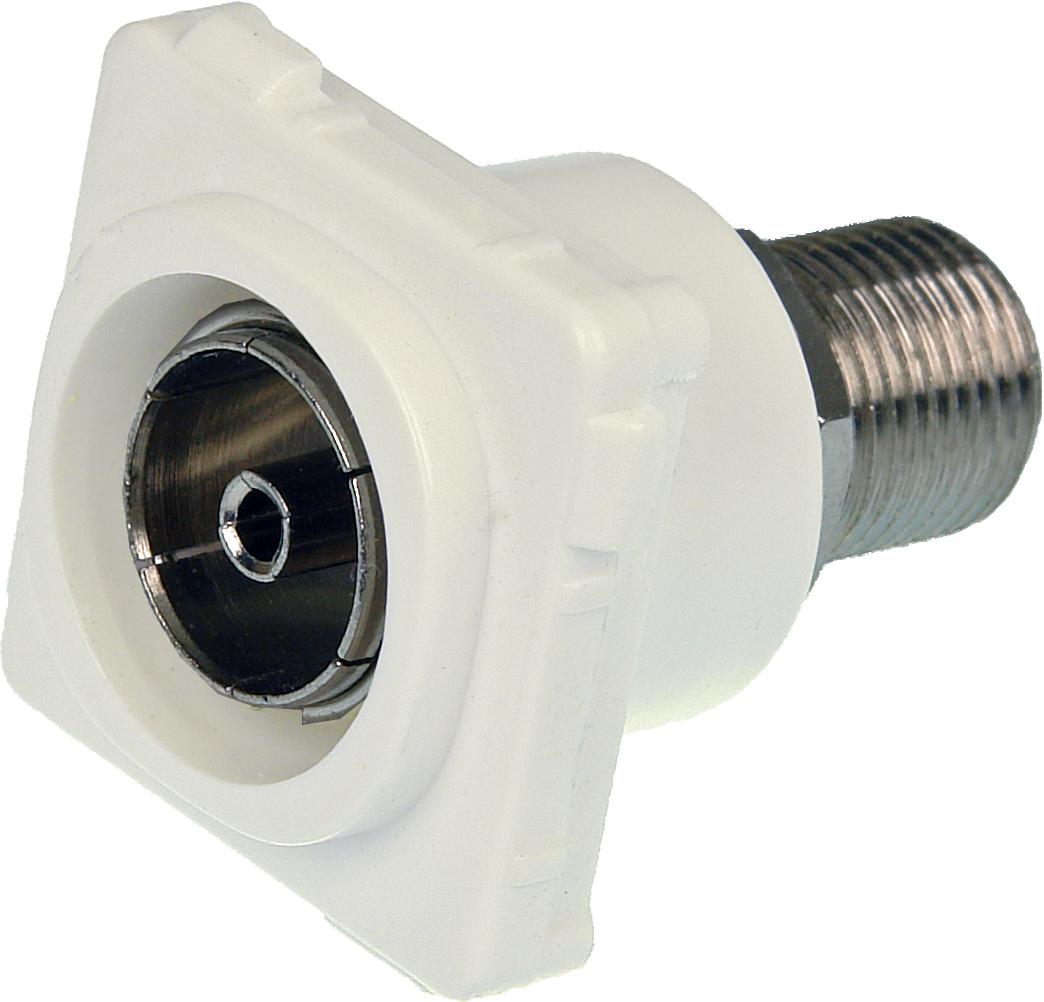 Closeup of white ABS plastic Digitek PAL insert showing F female to PAL female ports for antenna setup