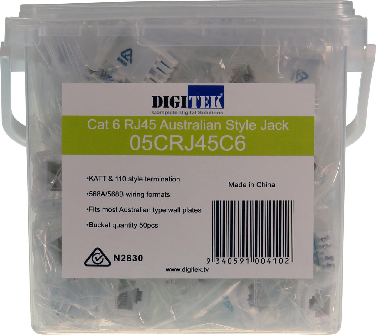 Digitek CAT6 RJ45 jack in 50pcs bucket, white 8P8C with 1-year warranty for professional installs and networking projects