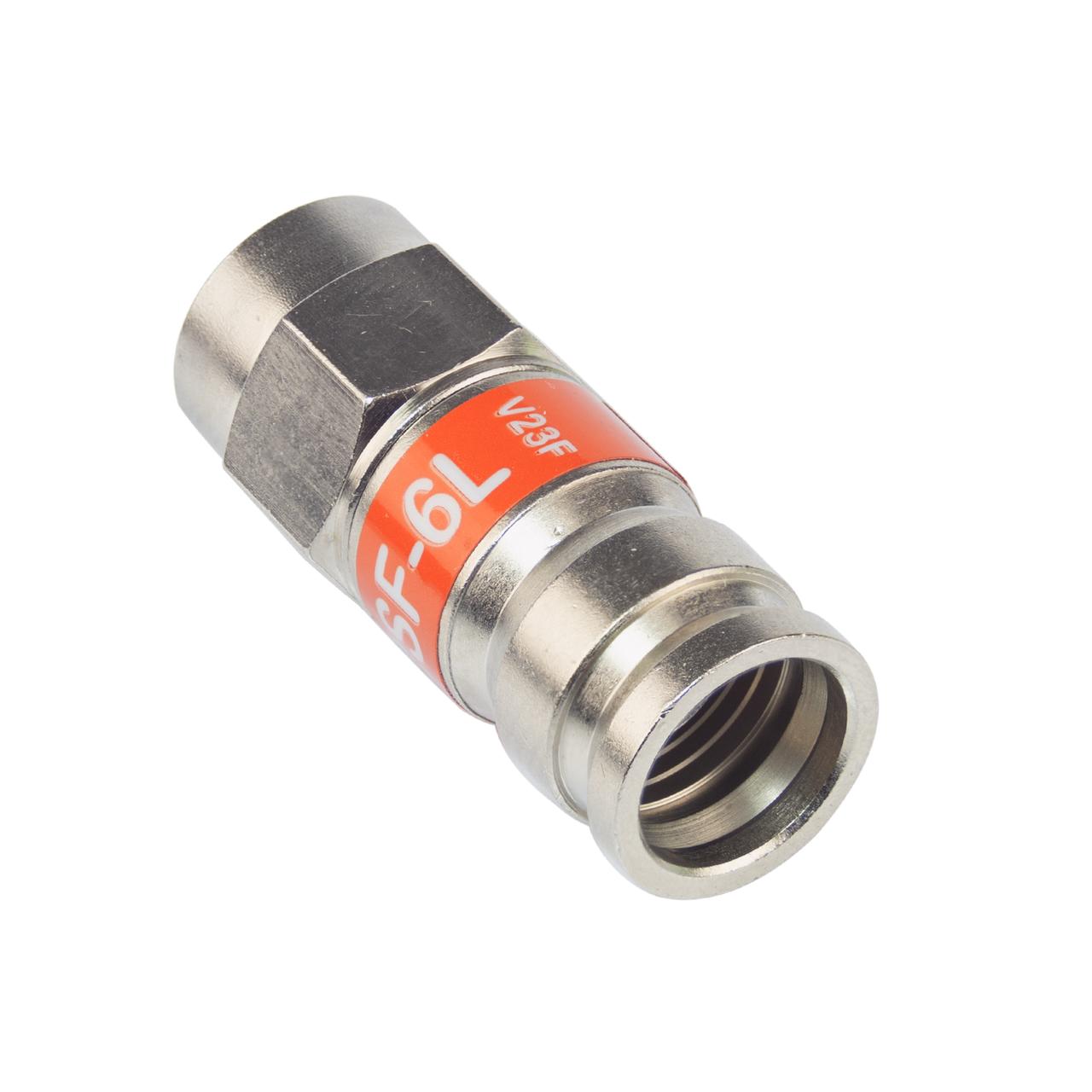 PCT TRSF6L RG6 F compression connector in brass housing with dual O-rings and lock washer, Foxtel-approved for coaxial cable installs