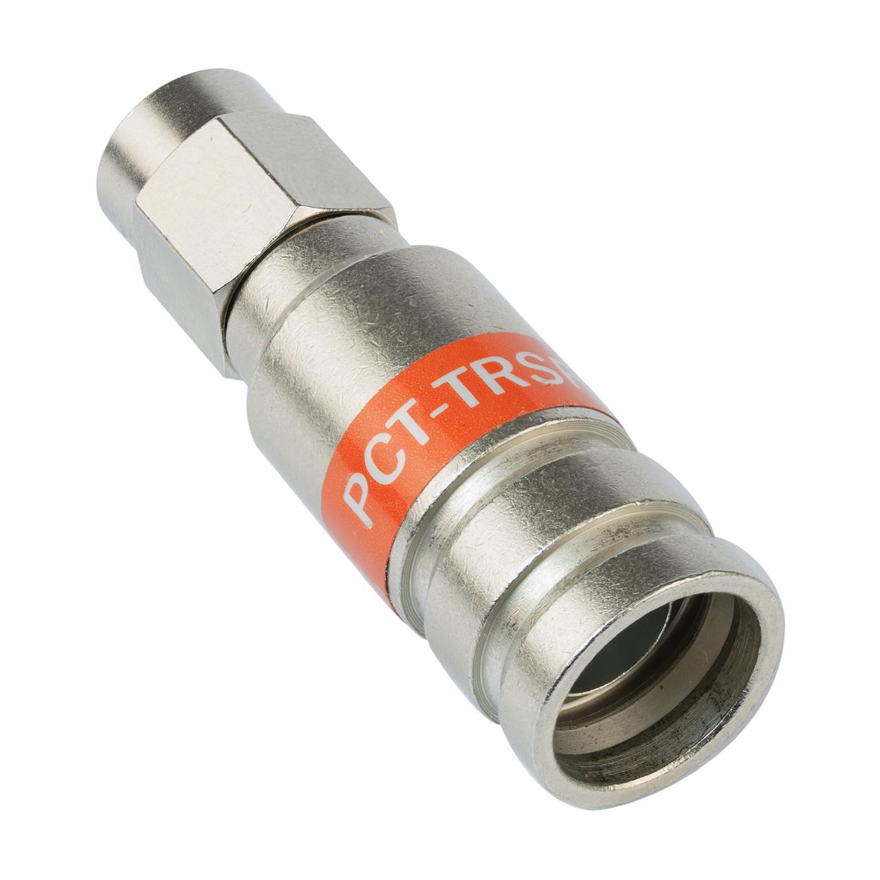 Close-up of PCT F11L F-Type connector showing patented split-ring washer and 360° compression rings for secure RG11 termination