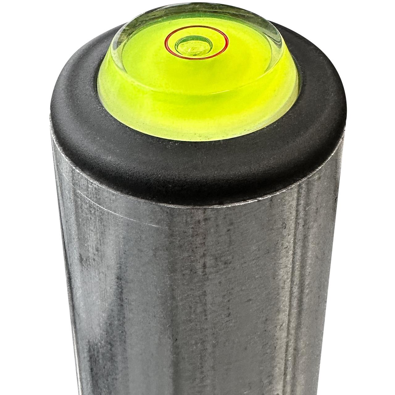 Close-up of Digitek tripod 44.5mm diameter mast with bubble level cap and welded iron security loop for theft prevention