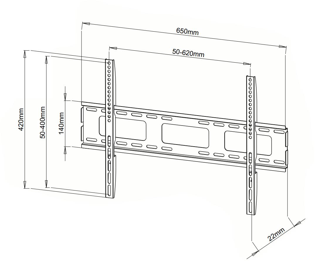 Digitek 40-65\" slimline universal LCD bracket schematic diagram showing dimensions