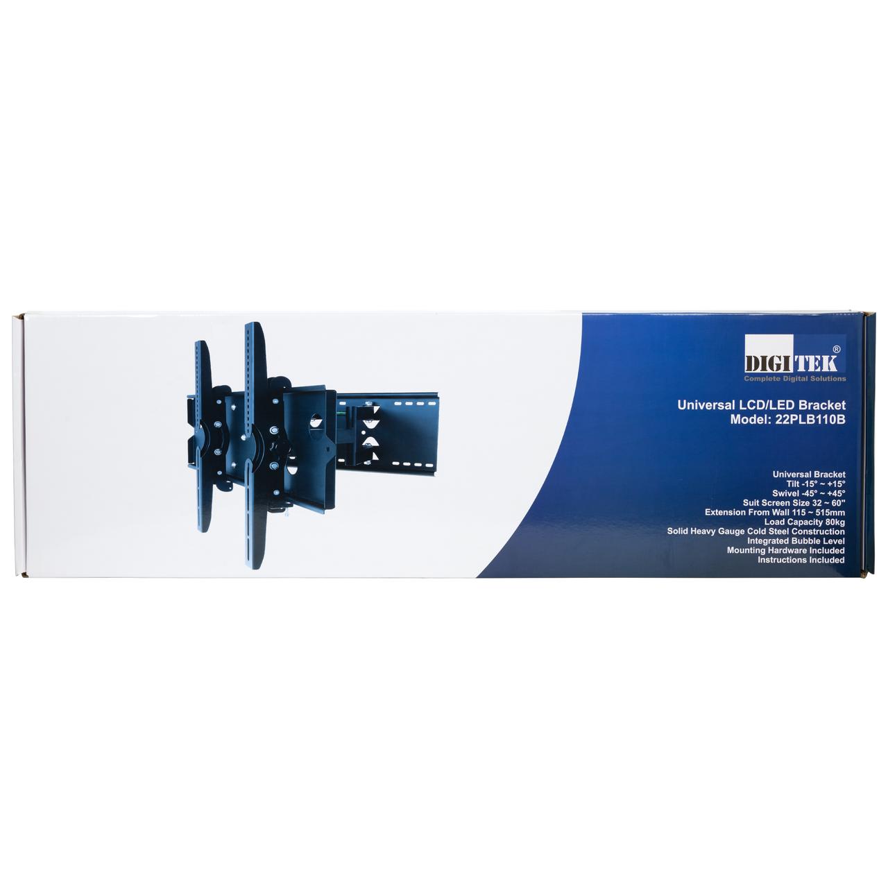 Digitek dual arm tilt swivel bracket display box with manual and mounting hardware, 1-year warranty for home installs