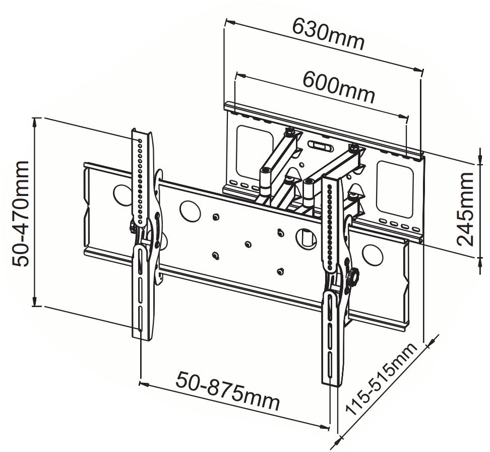 Digitek 32-60\" dual arm TV wall bracket Schematic diagram showing dimensions