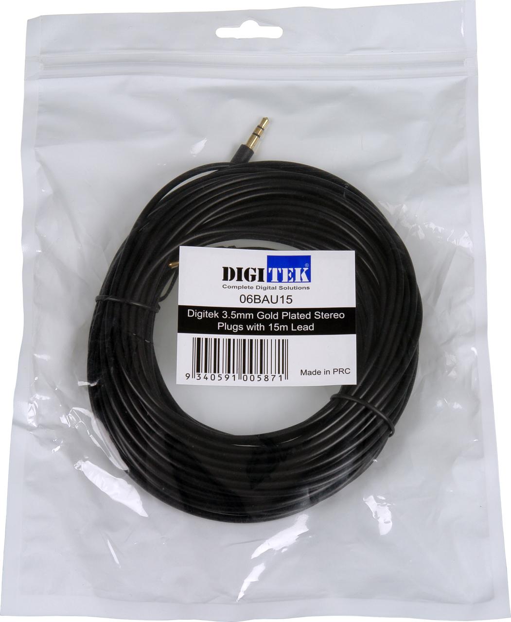 15m Digitek 3.5mm stereo audio lead in hang sell bag pack with label, multiple lengths with 1-year warranty