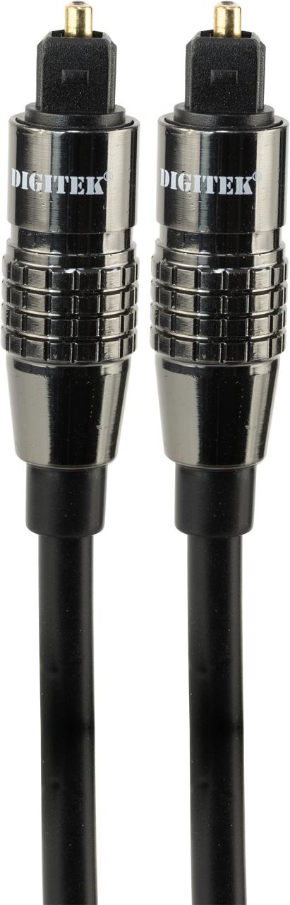 Close-up of Digitek TOSLINK plug with polished lens, gold-plated ferrule, and brass shell for low-loss PMMA fiber transmission