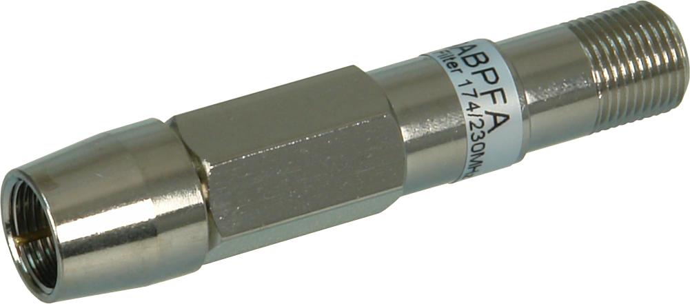 Digitek 09ABPFA band pass filter in silver compact housing with F-Type female-to-male connectors, 174-230 MHz pass for FTA TV protection