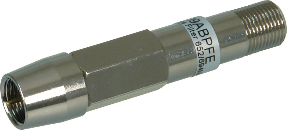 Digitek 09ABPFE band pass filter in silver compact housing with F-Type female-to-male connectors, 652-694 MHz pass for FTA TV protection