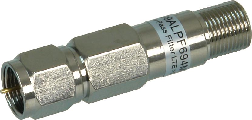 Digitek 09ALPF694MA low pass LTE filter in silver compact housing with rotating F-Type male connector, 45dB rejection for TV antenna protection