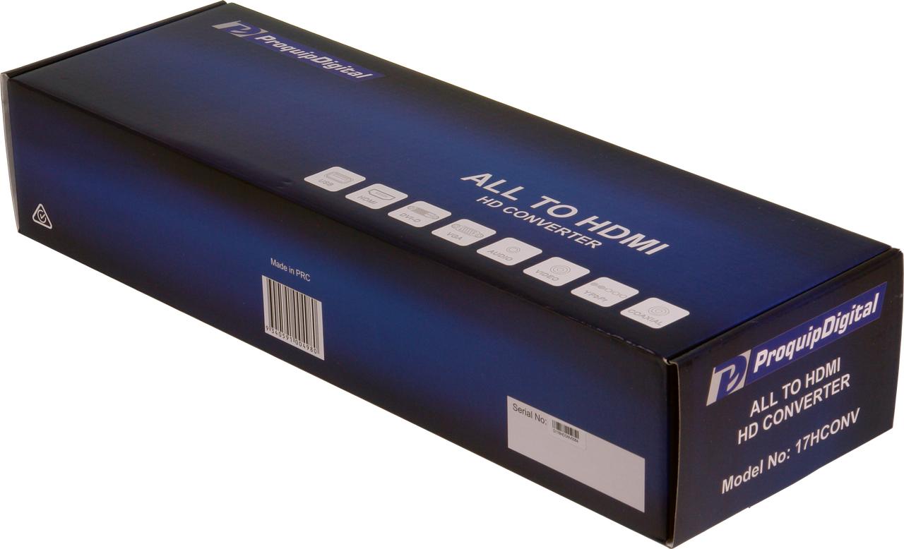 ProquipDigital 17HCONV AV converter kit box with remote, adapter, and manual for easy multi-source HDMI setups