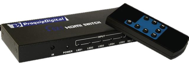 ProquipDigital 5x1 HDMI switch in black compact housing with 5 inputs, 1 output, and IR remote for 4Kx2K video routing