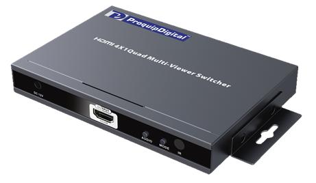 ProquipDigital 17HDMI41QMS 4x1 quad multiviewer switcher in black compact housing with 4 HDMI inputs, 1 output, and IR remote for multi-source monitoring