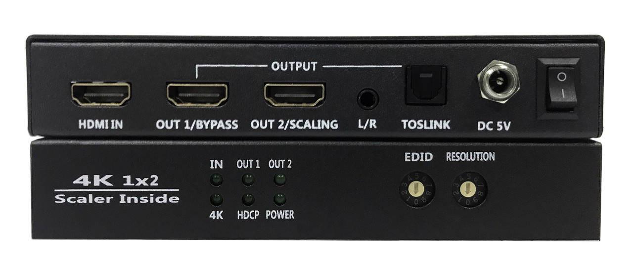 Close-up of ProquipDigital splitter HDMI inputs/outputs, TOSLINK/3.5mm audio extracts, resolution selector for HDR scaling