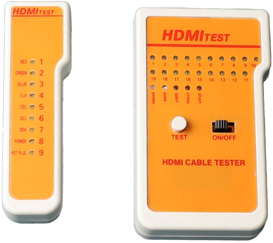 Close-up of Digitek 16CHDMIT LED display showing open/short results for HDMI pin diagnostics, installer tool in action