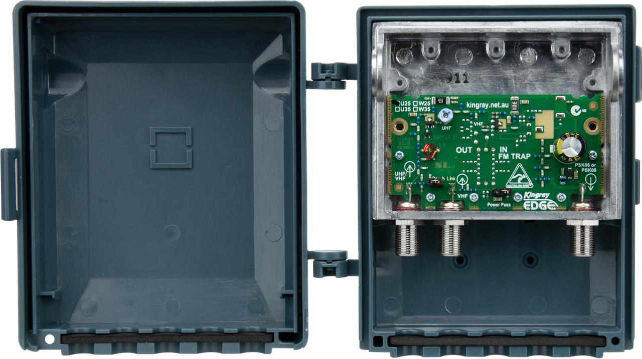 Kingray MHU25FS UHF masthead amplifier in fully shielded die-cast housing with F-Type connectors, 25dB gain and VHF diplexing for FTA TV