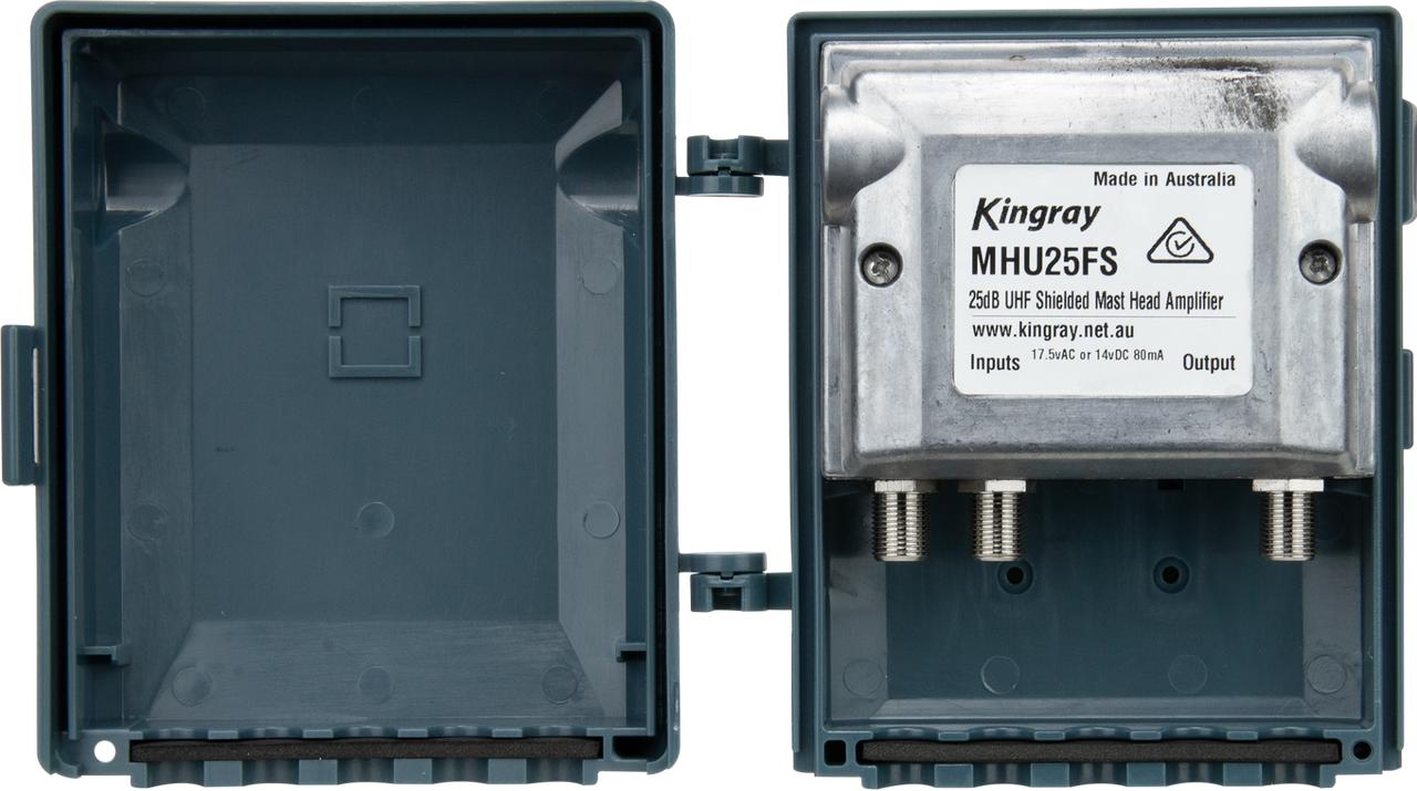 Close-up of Kingray MHU25FS 10dB gain dial and FM switch, 4G/LTE filtered for clean digital UHF signals