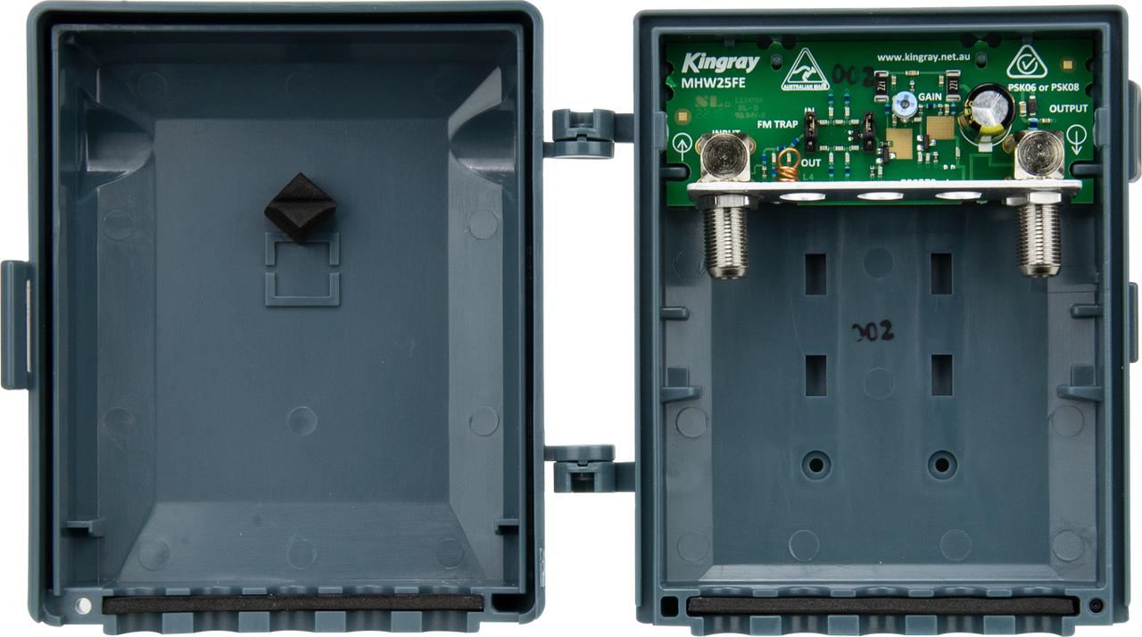 Kingray MHW25FE VHF/UHF masthead amplifier in weatherproof housing with combined F-Type input, 25dB UHF gain for FTA TV
