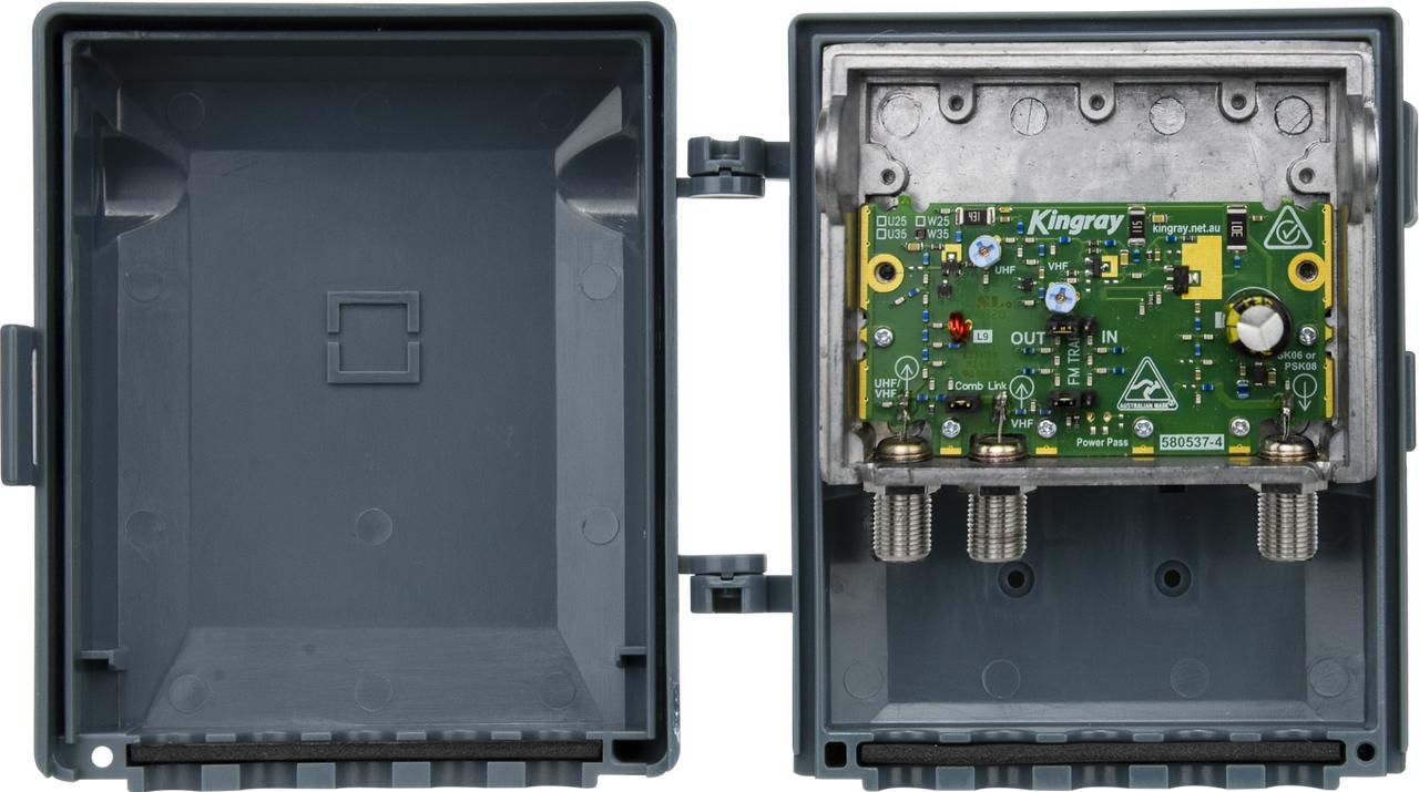 Kingray MHW35FS VHF/UHF masthead amplifier in fully shielded die-cast housing with F-Type connectors, 35dB UHF gain for FTA TV
