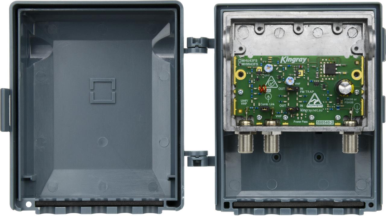 Kingray MHW43FS VHF/UHF masthead amplifier in fully shielded die-cast housing with F-Type connectors, 43dB UHF gain for FTA TV