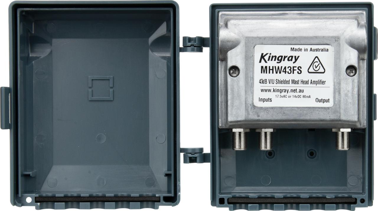 Close-up of Kingray MHW43FS gain/tilt dials and FM switch, 4G/LTE filtered for clean digital signals