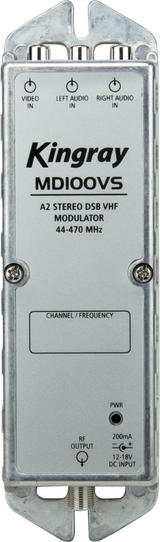 Kingray MD100VS analogue stereo modulator with RCA inputs and F-Type RF output, Australian-made AV to RF converter for TV systems