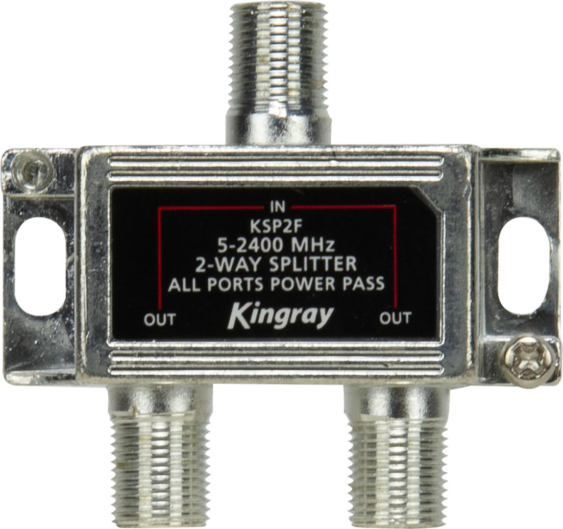 Kingray KSP2F 2-way splitter in compact zinc housing with F-Type ports, simple divider for home TV and satellite signals