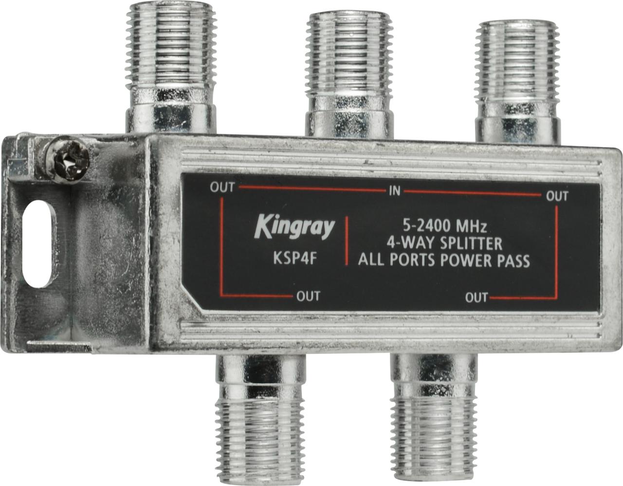 Close-up of Kingray KSP4F input and four power-pass outputs, simple F-Type setup for even signal sharing