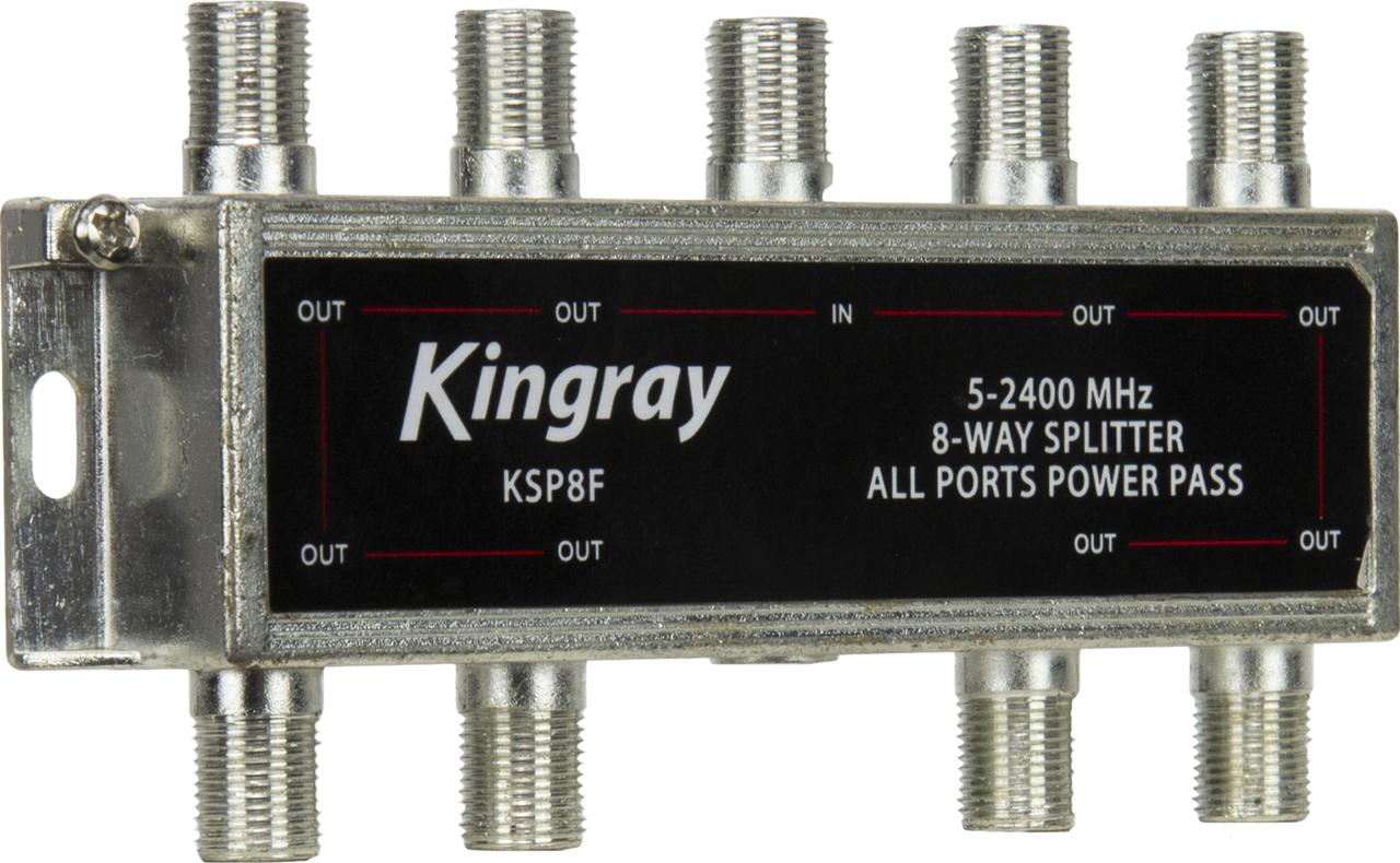 Side view of Kingray KSP8F input and eight power-pass outputs, simple F-Type setup for even sharing