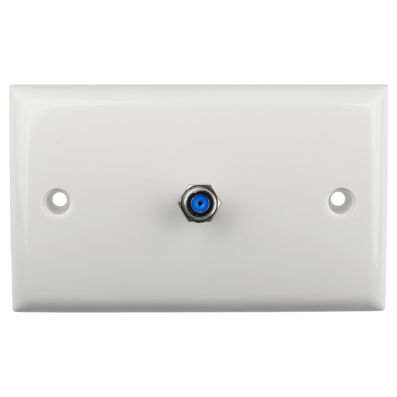 Close-up of Digitek 3GHz F Type female to female barrel in white ABS wall plate, high-frequency signal passthrough