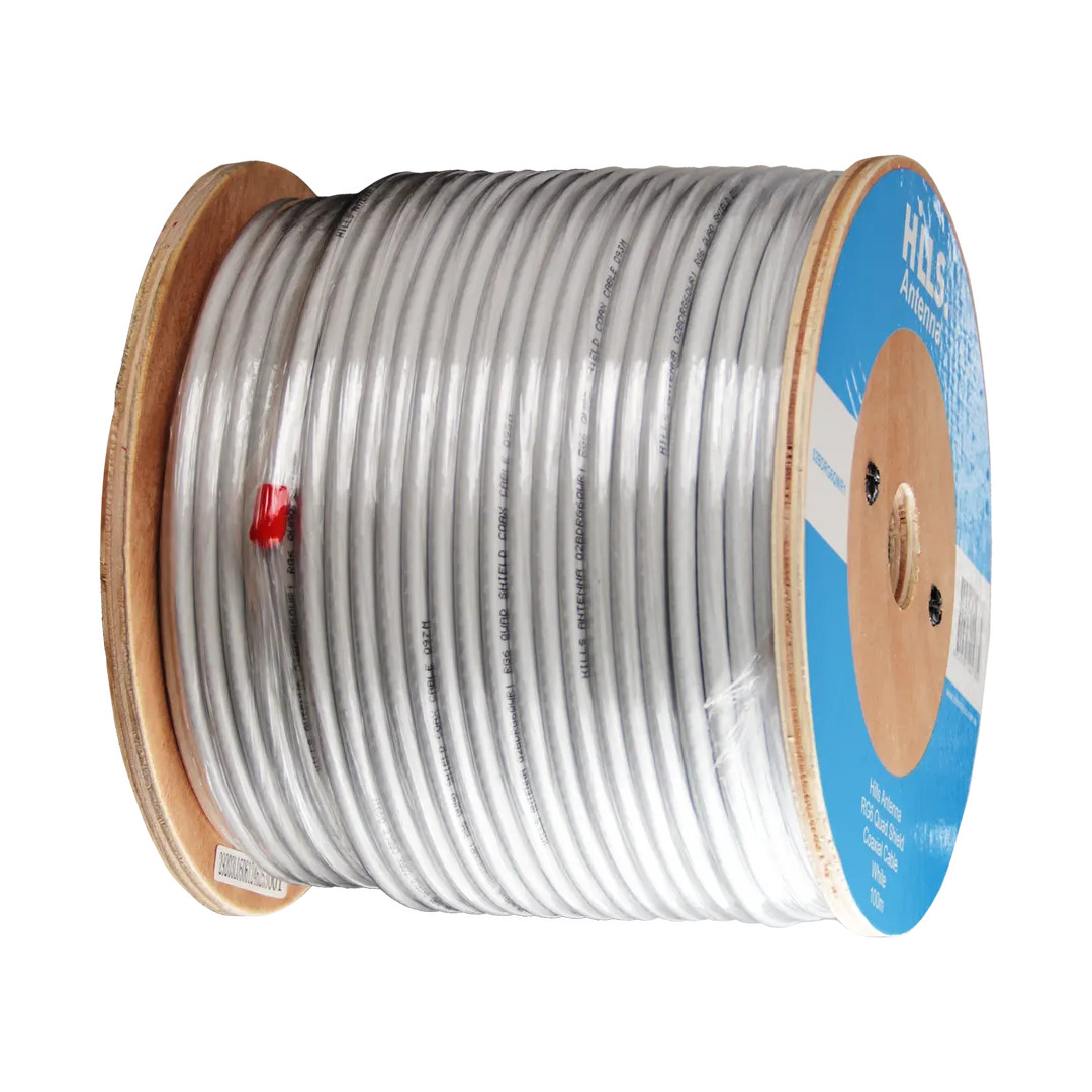 Hills Antenna 100m white RG6 coaxial cable wound on labeled sturdy timber reel for easy antenna installations