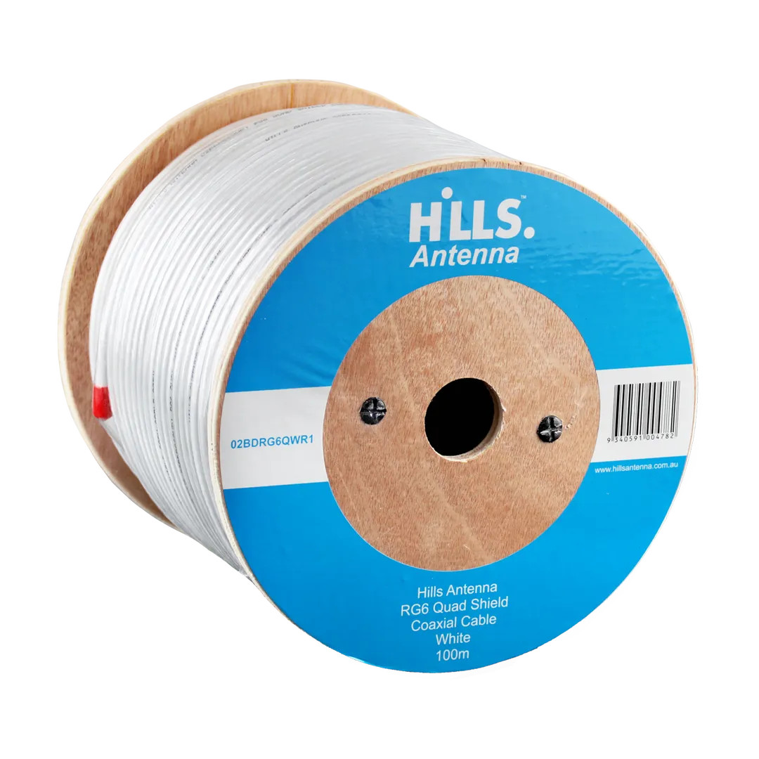 Hills Antenna RG6 Quad Shield white coaxial cable 100m timber reel 02BDRG6QWR1, reliable TV signal wiring