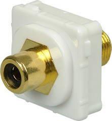 Closeup of white ABS plastic Digitek black RCA insert showing recessed F female to yellow RCA female ports