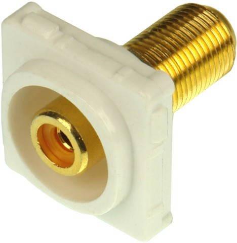 Closeup of white ABS plastic Digitek orange RCA insert showing recessed F female to yellow RCA female ports