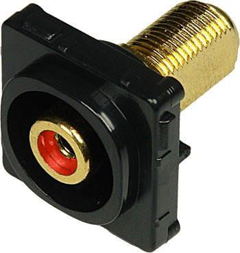 Closeup of black ABS plastic Digitek red RCA insert showing recessed F female to yellow RCA female ports