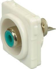 Closeup of green ABS plastic Digitek RCA insert showing recessed female port and solder terminals