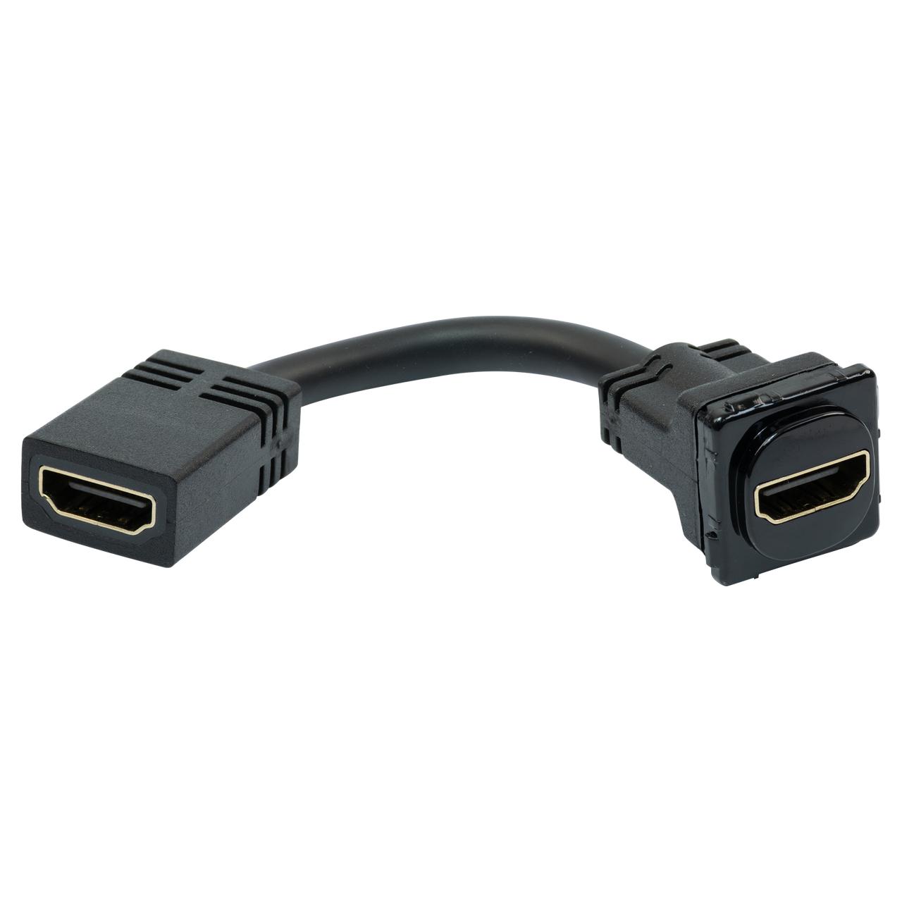 Closeup of black ABS plastic Digitek 4K@60Hz insert showing bendable tail for console cable routing