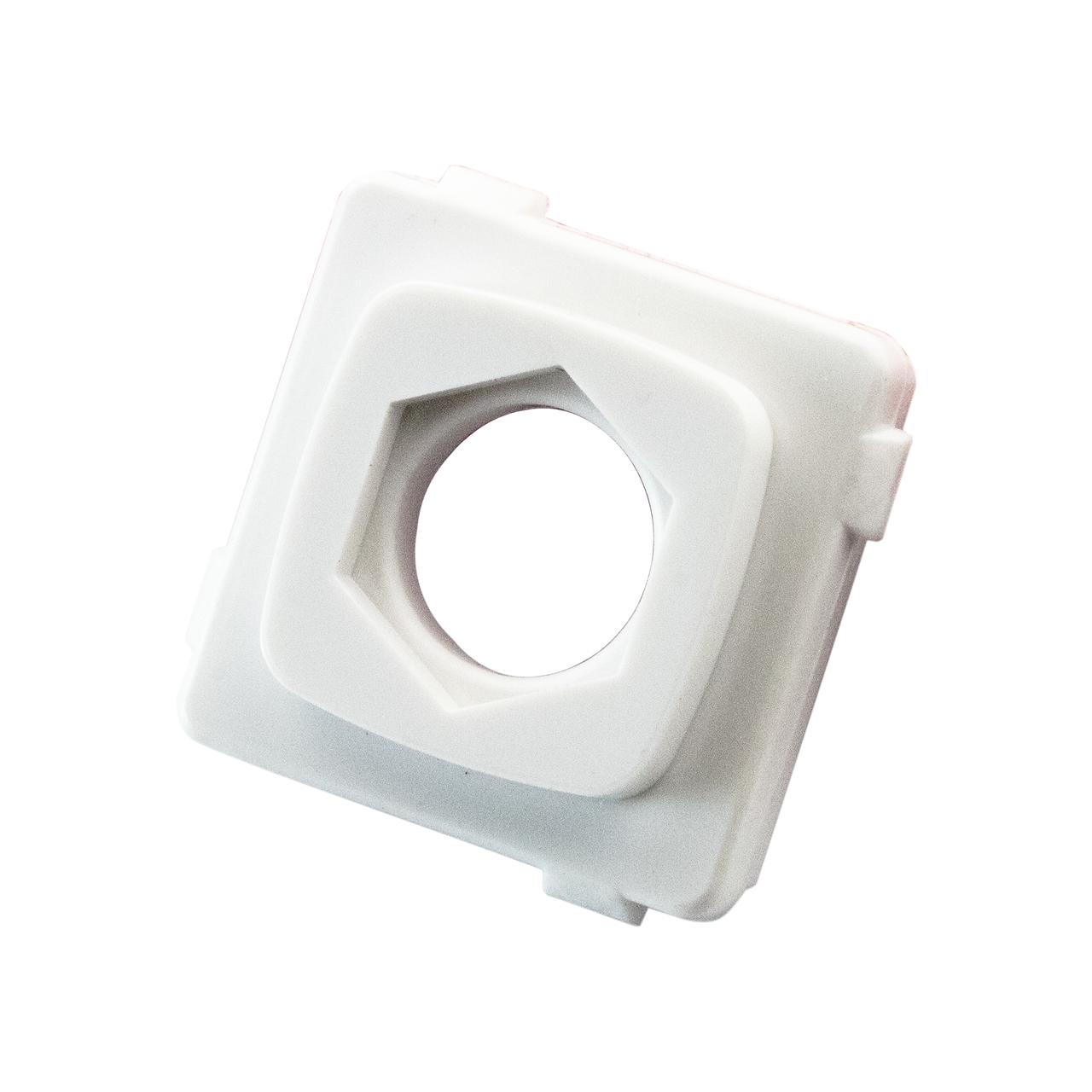 Closeup of white ABS plastic Digitek blank insert showing hexagonal ventilation hole for subtle airflow