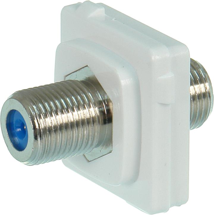 Closeup of white ABS plastic Digitek 3GHz F-type insert showing female to female ports for coaxial passthrough