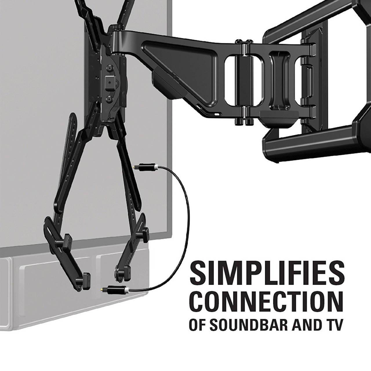 Closeup of Sanus SA405 universal bracket clipping to full-motion TV mount without drilling